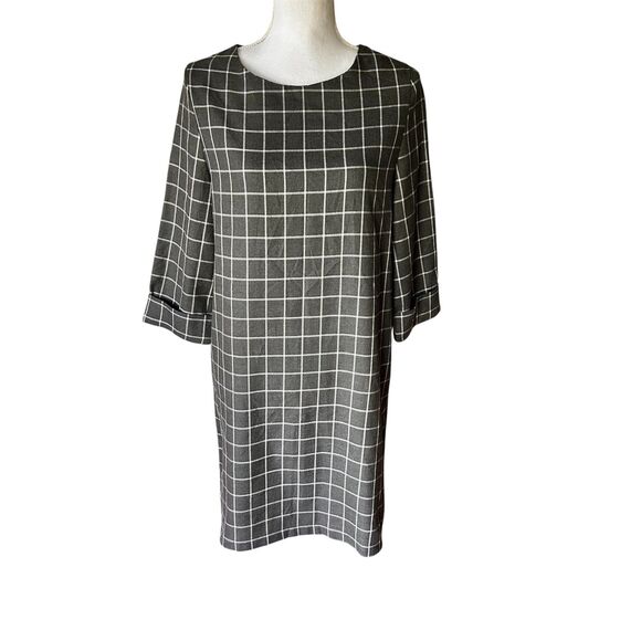 Croisière Dresses & Skirts - Croisière un dix cors Windowpane Plaid Shift Dress Gray White 3/4 Sleeve Size M